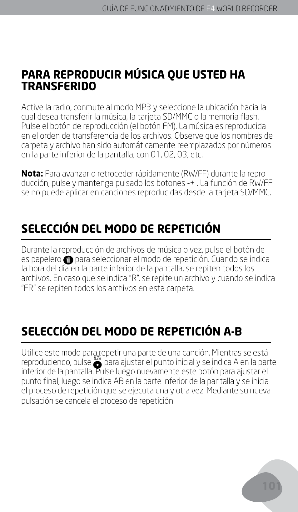 Para reproducir música que usted ha transferido, Selección del modo de repetición, Selección del modo de repetición a-b | Eton E4 User Manual | Page 101 / 140