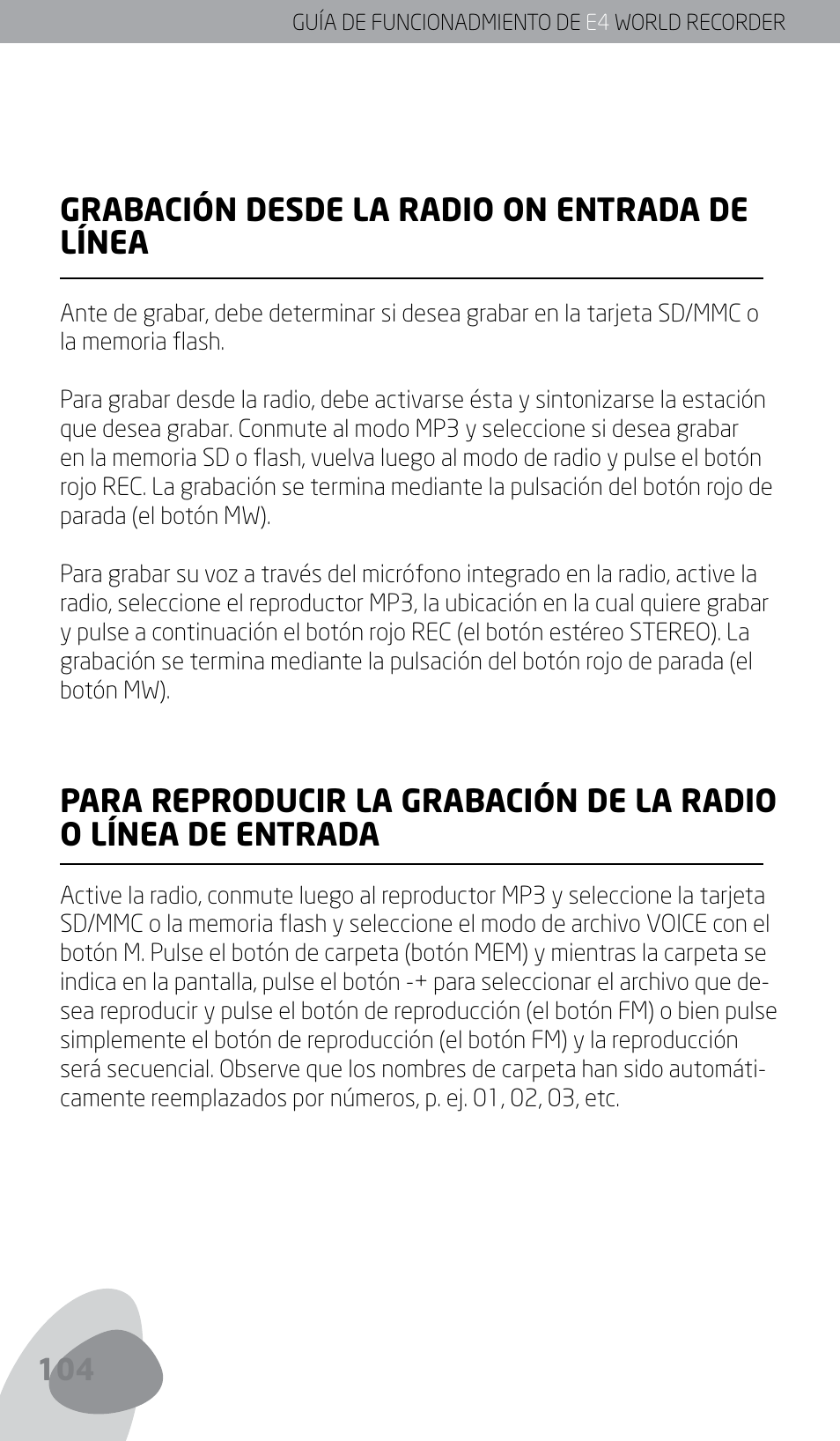 Grabación desde la radio on entrada de línea | Eton E4 User Manual | Page 104 / 140