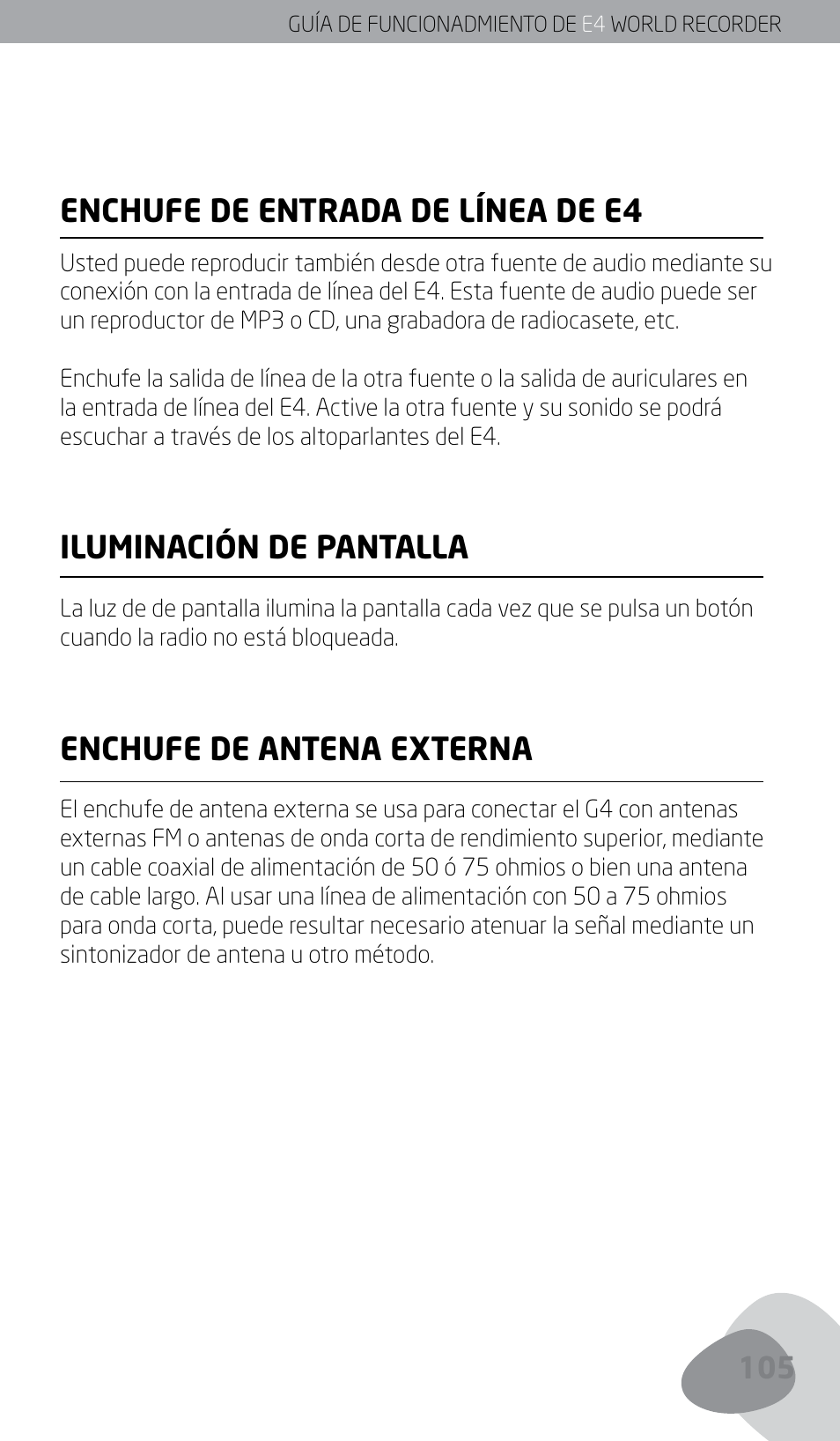 Enchufe de entrada de línea de e4, Iluminación de pantalla, Enchufe de antena externa | Eton E4 User Manual | Page 105 / 140