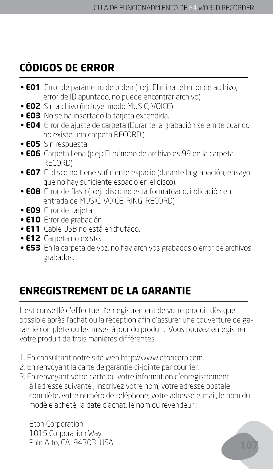 Códigos de error, Enregistrement de la garantie | Eton E4 User Manual | Page 107 / 140