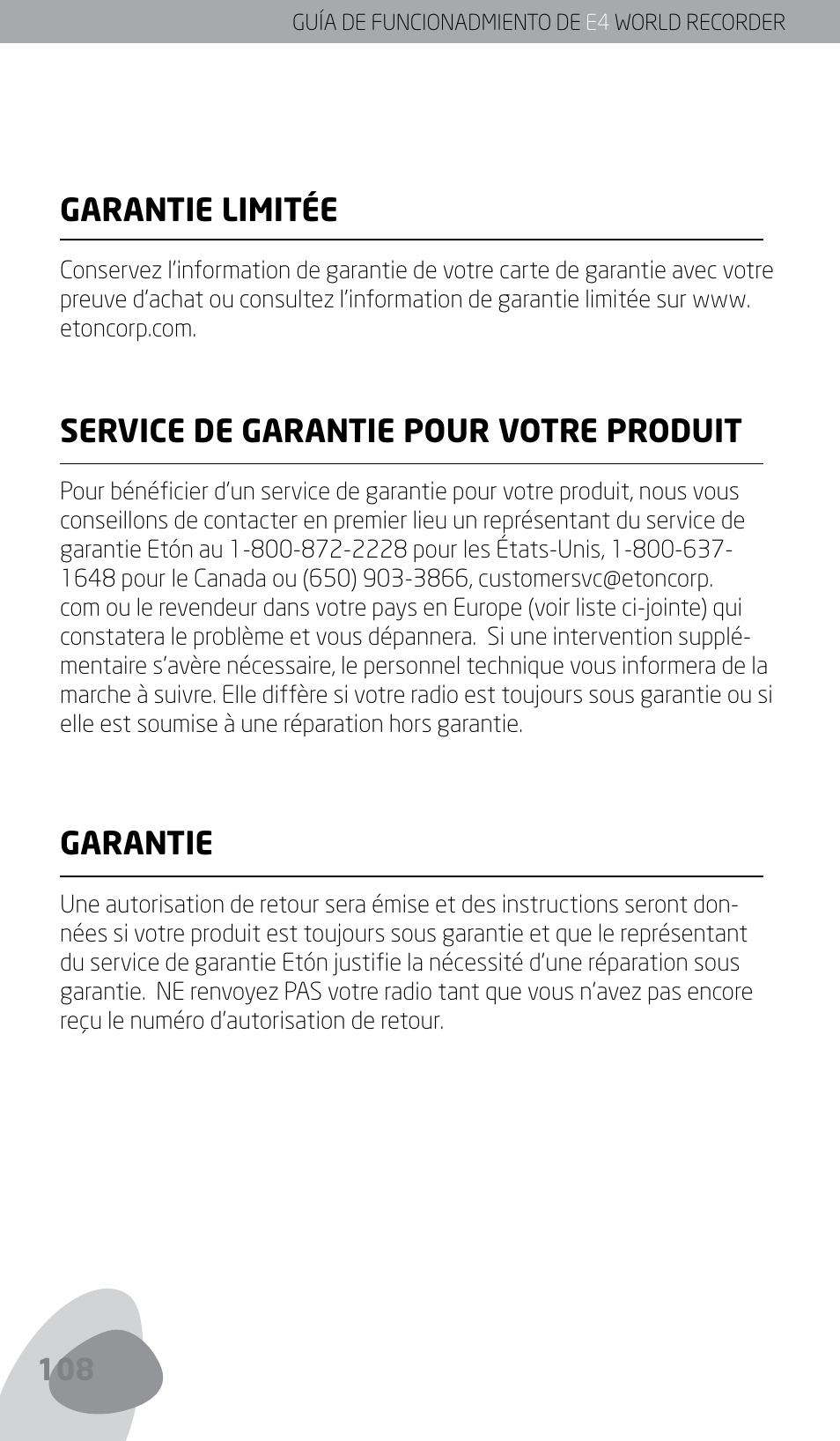 Garantie limitée, Service de garantie pour votre produit, Garantie | Eton E4 User Manual | Page 108 / 140