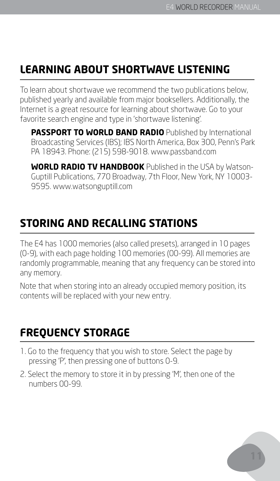 Learning about shortwave listening, Storing and recalling stations, Frequency storage | Eton E4 User Manual | Page 11 / 140