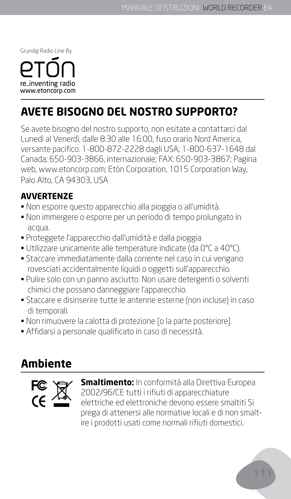 Avete bisogno del nostro supporto, Ambiente | Eton E4 User Manual | Page 111 / 140