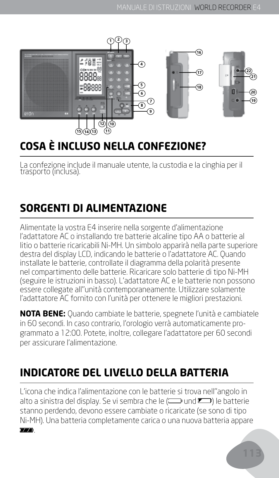 Cosa è incluso nella confezione, Sorgenti di alimentazione, Indicatore del livello della batteria | Eton E4 User Manual | Page 113 / 140