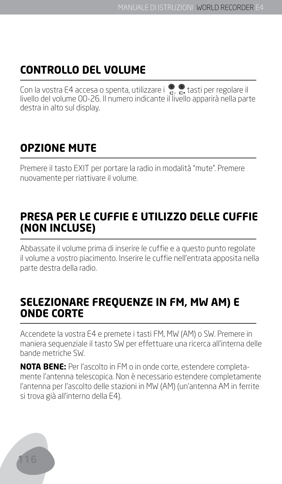 Controllo del volume, Opzione mute, Selezionare frequenze in fm, mw am) e onde corte | Eton E4 User Manual | Page 116 / 140