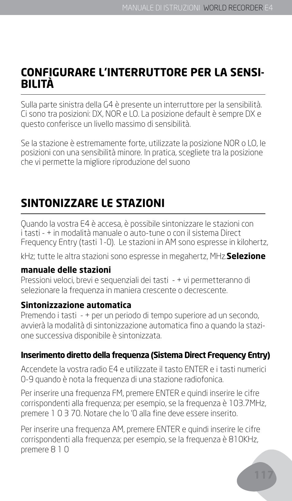 Configurare l’interruttore per la sensi- bilità, Sintonizzare le stazioni | Eton E4 User Manual | Page 117 / 140