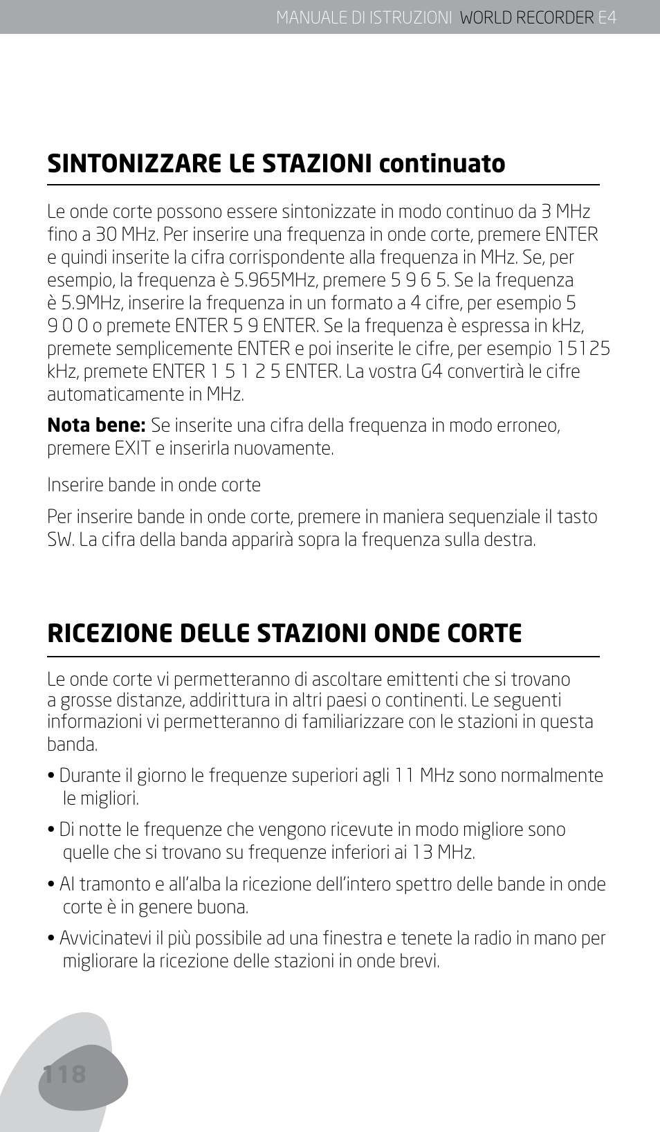 Sintonizzare le stazioni continuato, Ricezione delle stazioni onde corte | Eton E4 User Manual | Page 118 / 140