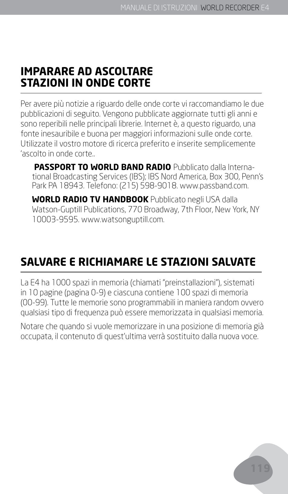 Imparare ad ascoltare stazioni in onde corte, Salvare e richiamare le stazioni salvate | Eton E4 User Manual | Page 119 / 140