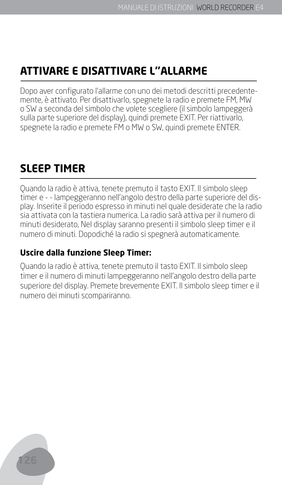 Attivare e disattivare l’’allarme, Sleep timer | Eton E4 User Manual | Page 126 / 140