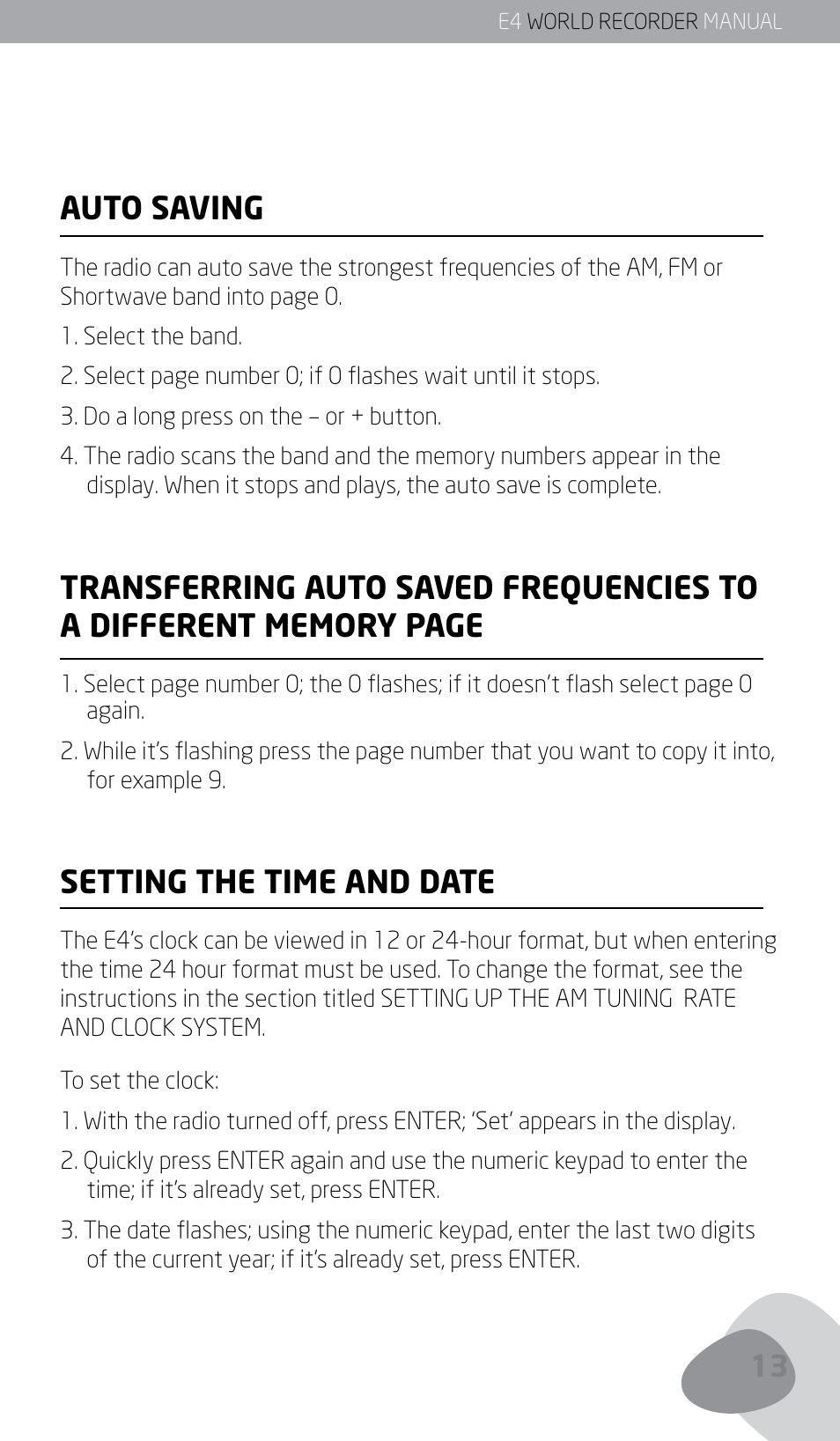 Auto saving, Setting the time and date | Eton E4 User Manual | Page 13 / 140