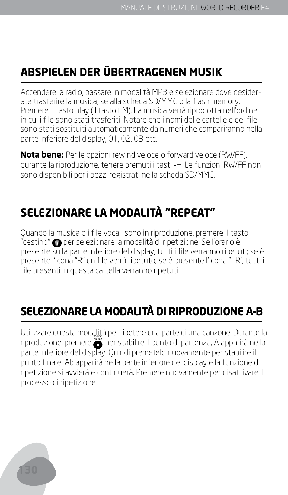 Abspielen der übertragenen musik, Selezionare la modalità “repeat, Selezionare la modalità di riproduzione a-b | Eton E4 User Manual | Page 130 / 140