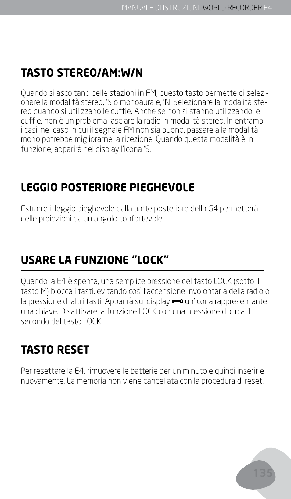 Tasto stereo/am:w/n, Leggio posteriore pieghevole, Usare la funzione “lock | Tasto reset | Eton E4 User Manual | Page 135 / 140