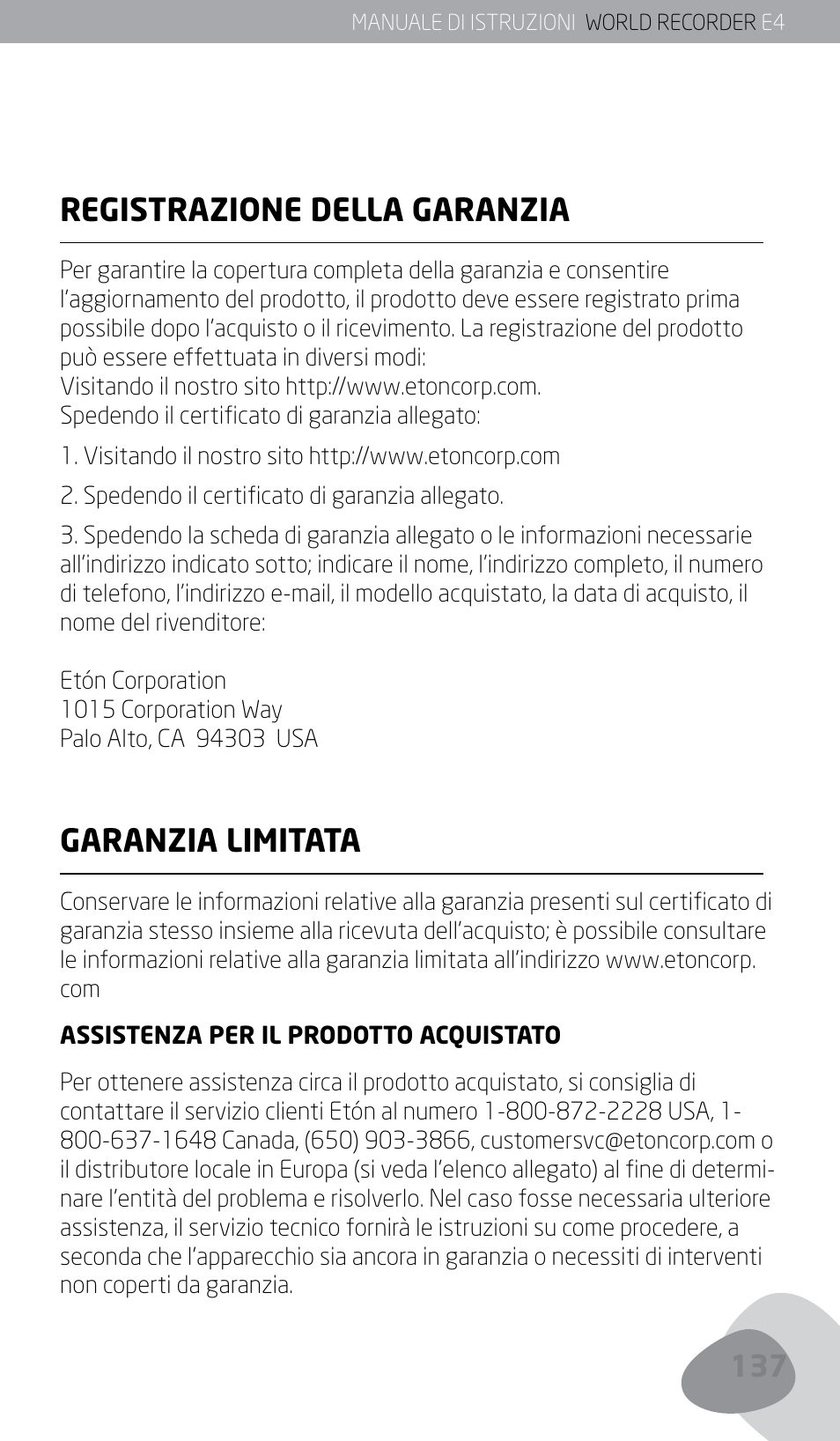 Registrazione della garanzia, Garanzia limitata | Eton E4 User Manual | Page 137 / 140