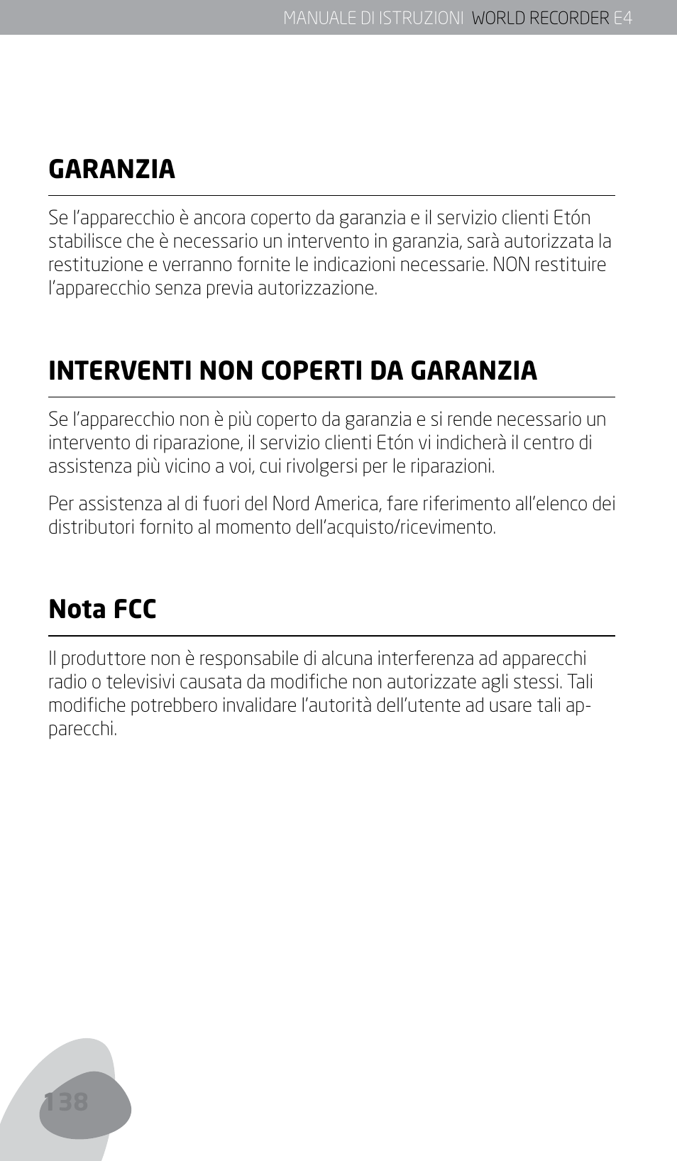 Garanzia, Interventi non coperti da garanzia, Nota fcc | Eton E4 User Manual | Page 138 / 140