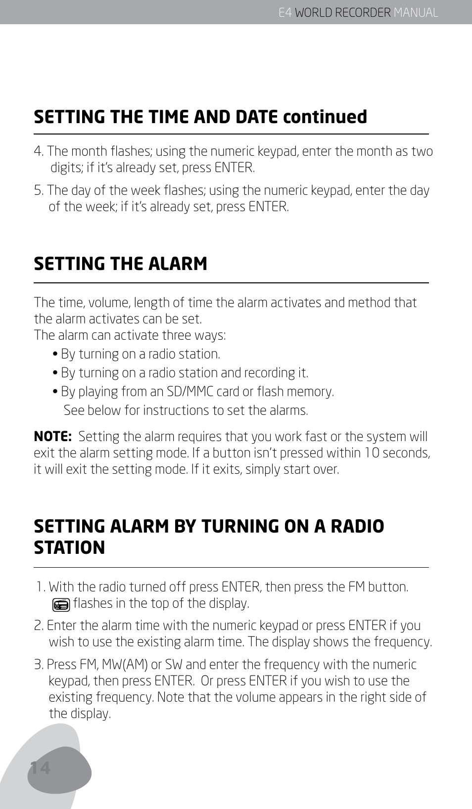 Setting the time and date continued, Setting the alarm, Setting alarm by turning on a radio station | Eton E4 User Manual | Page 14 / 140