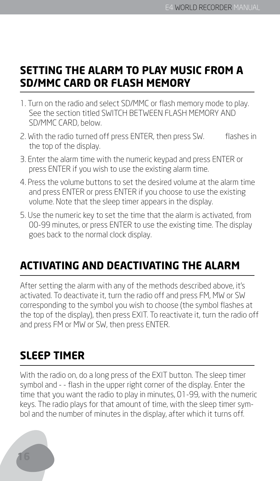 Activating and deactivating the alarm, Sleep timer | Eton E4 User Manual | Page 16 / 140