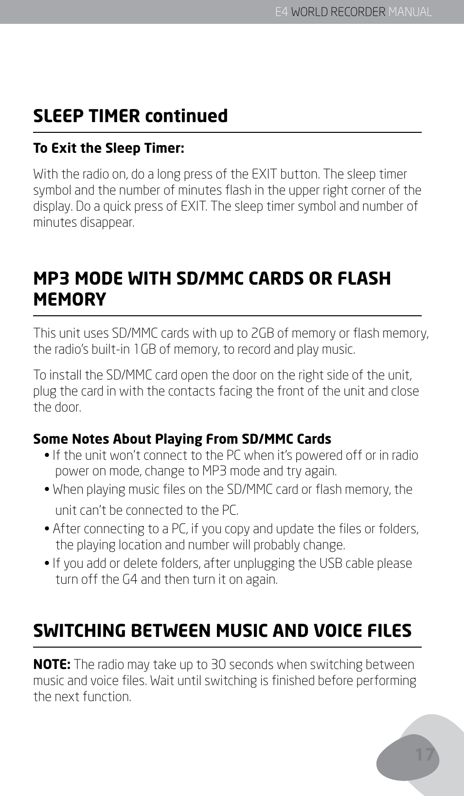 Sleep timer continued, Switching between music and voice files | Eton E4 User Manual | Page 17 / 140