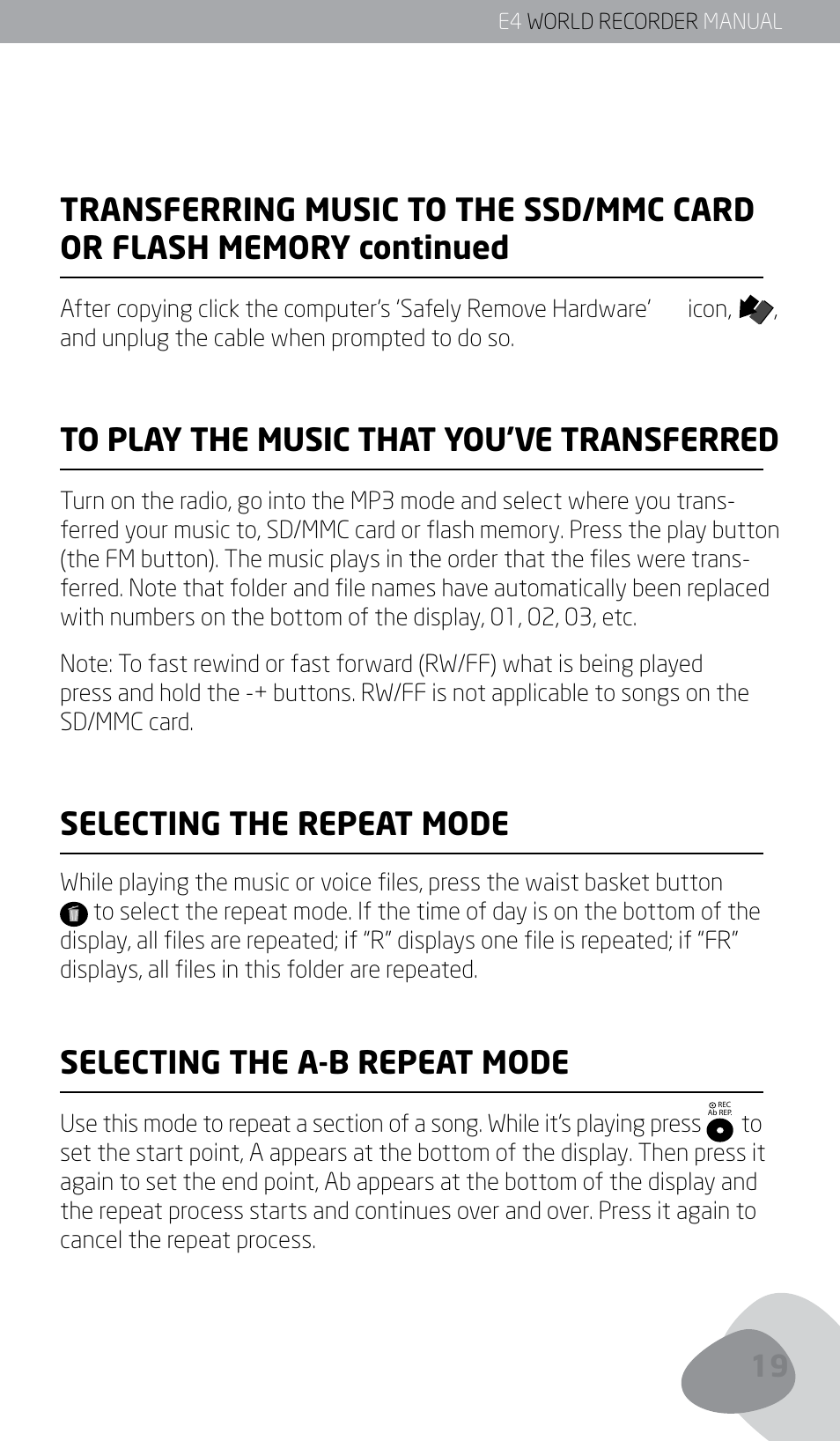 Selecting the repeat mode, Selecting the a-b repeat mode | Eton E4 User Manual | Page 19 / 140