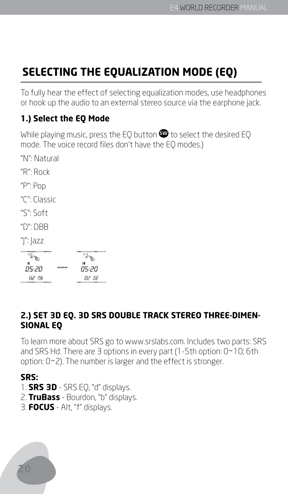 Selecting the equalization mode (eq) | Eton E4 User Manual | Page 20 / 140