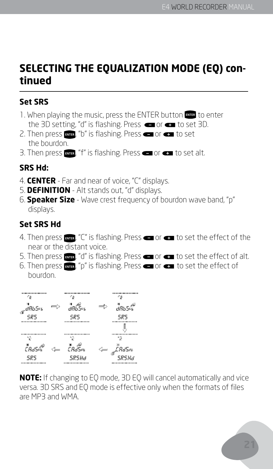 Selecting the equalization mode (eq) con- tinued | Eton E4 User Manual | Page 21 / 140