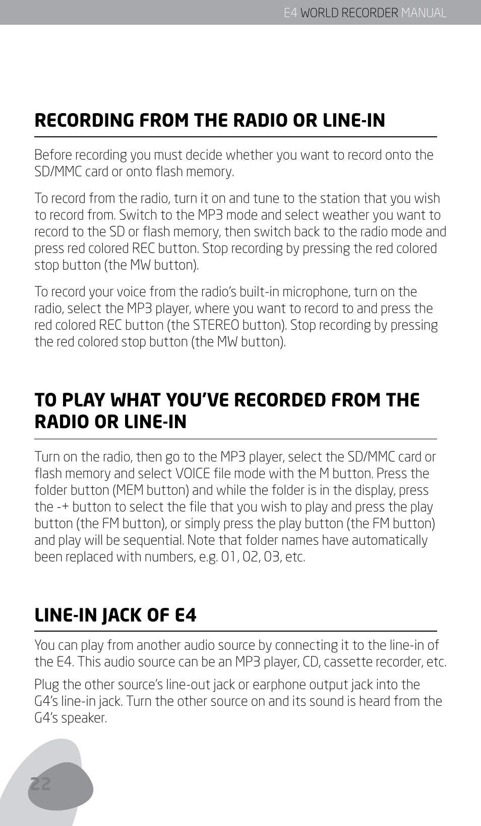 Recording from the radio or line-in, Line-in jack of e4 | Eton E4 User Manual | Page 22 / 140