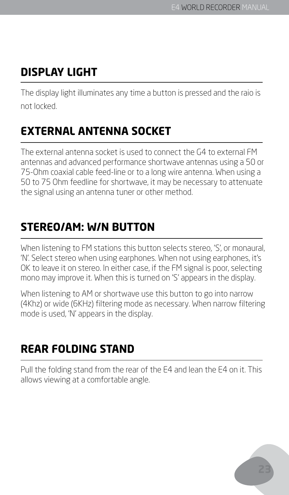 Display light, External antenna socket, Stereo/am: w/n button | Rear folding stand | Eton E4 User Manual | Page 23 / 140