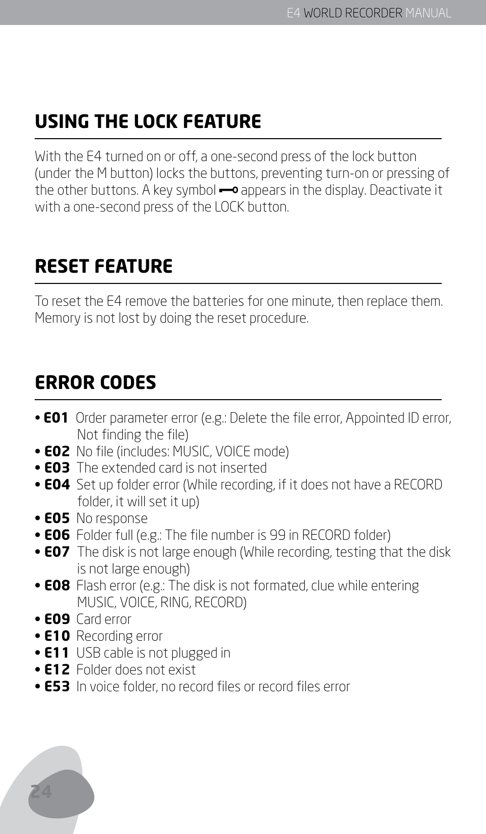 Using the lock feature, Reset feature, Error codes | Eton E4 User Manual | Page 24 / 140