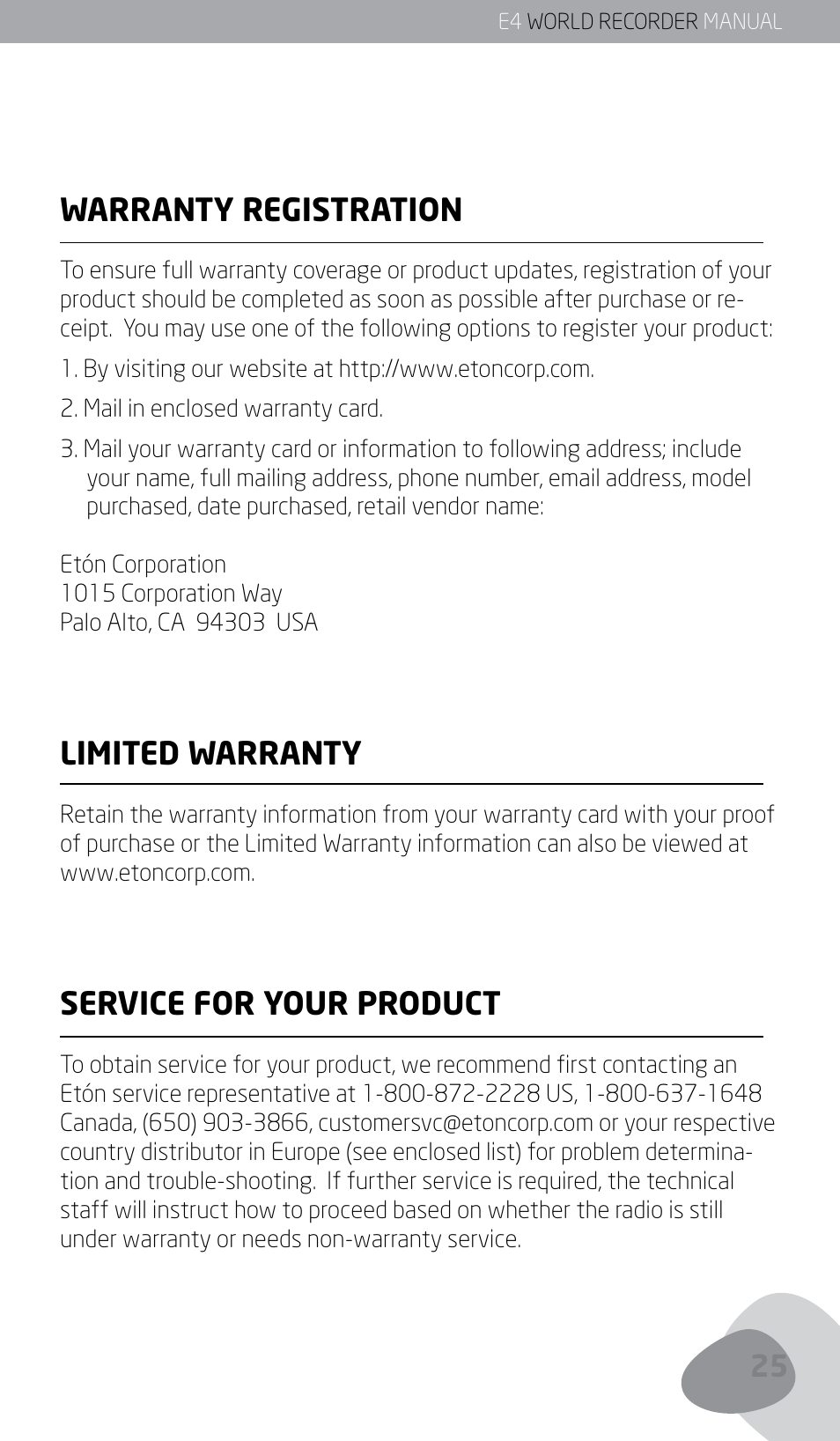 Warranty registration, Limited warranty, Service for your product | Eton E4 User Manual | Page 25 / 140