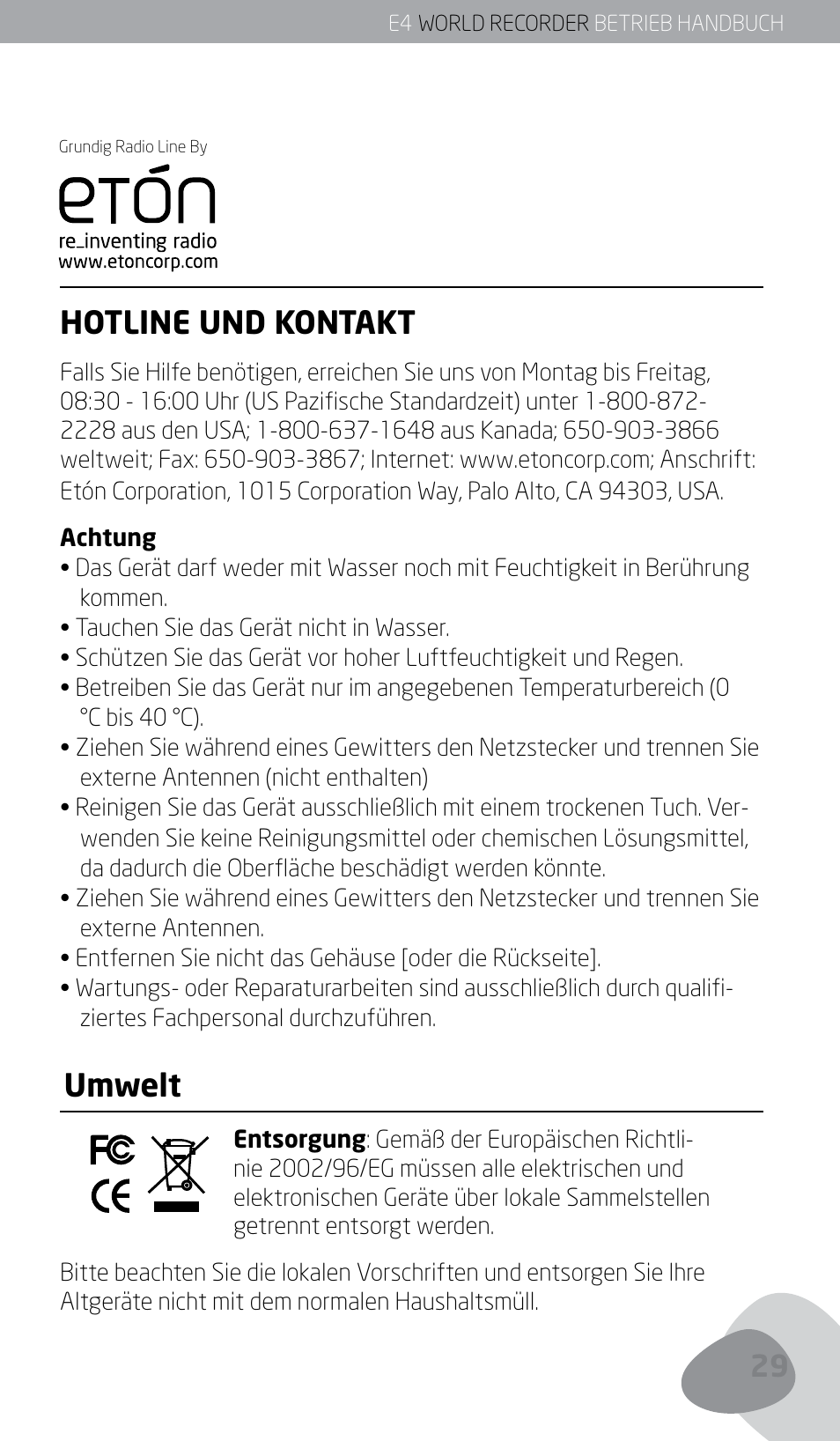 Hotline und kontakt, Umwelt | Eton E4 User Manual | Page 29 / 140