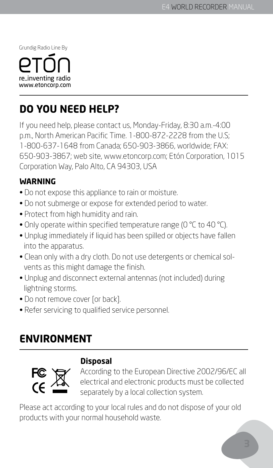 Do you need help, Environment | Eton E4 User Manual | Page 3 / 140