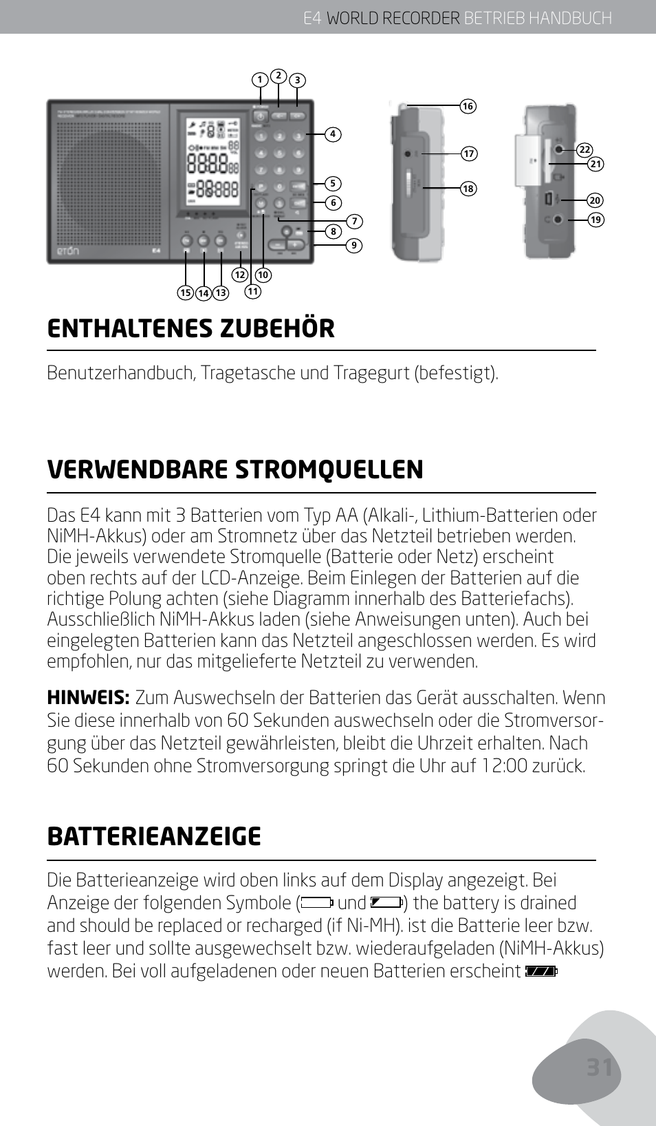 Enthaltenes zubehör, Verwendbare stromquellen, Batterieanzeige | Eton E4 User Manual | Page 31 / 140