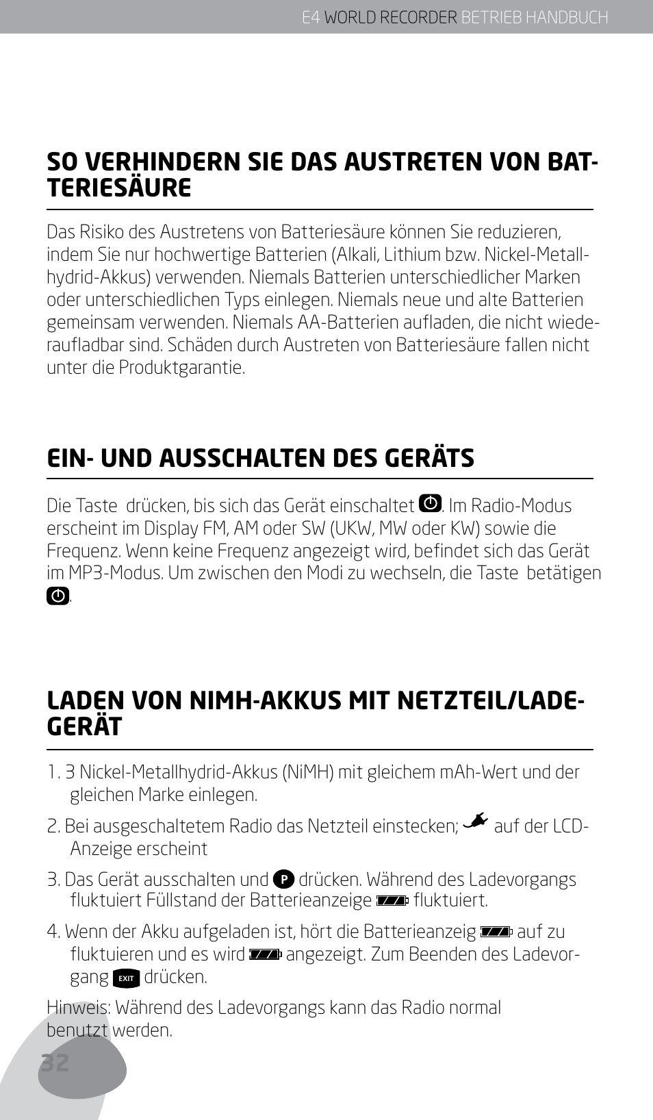 Ein- und ausschalten des geräts, Laden von nimh-akkus mit netzteil/lade- gerät | Eton E4 User Manual | Page 32 / 140