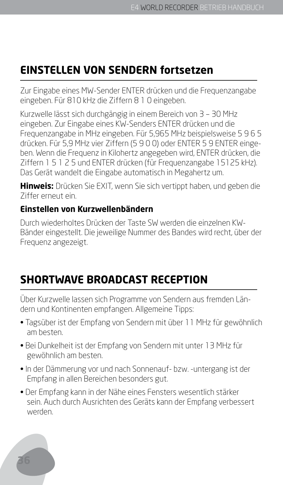 Einstellen von sendern fortsetzen, Shortwave broadcast reception | Eton E4 User Manual | Page 36 / 140