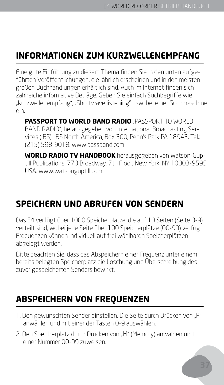 Informationen zum kurzwellenempfang, Speichern und abrufen von sendern, Abspeichern von frequenzen | Eton E4 User Manual | Page 37 / 140