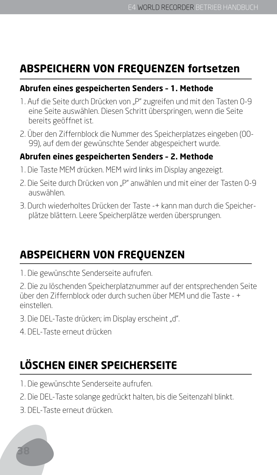 Abspeichern von frequenzen fortsetzen, Abspeichern von frequenzen, Löschen einer speicherseite | Eton E4 User Manual | Page 38 / 140