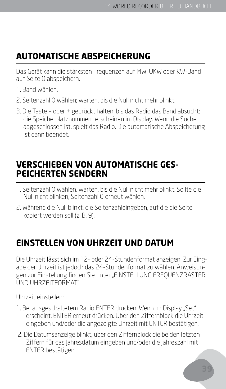 Automatische abspeicherung, Einstellen von uhrzeit und datum | Eton E4 User Manual | Page 39 / 140