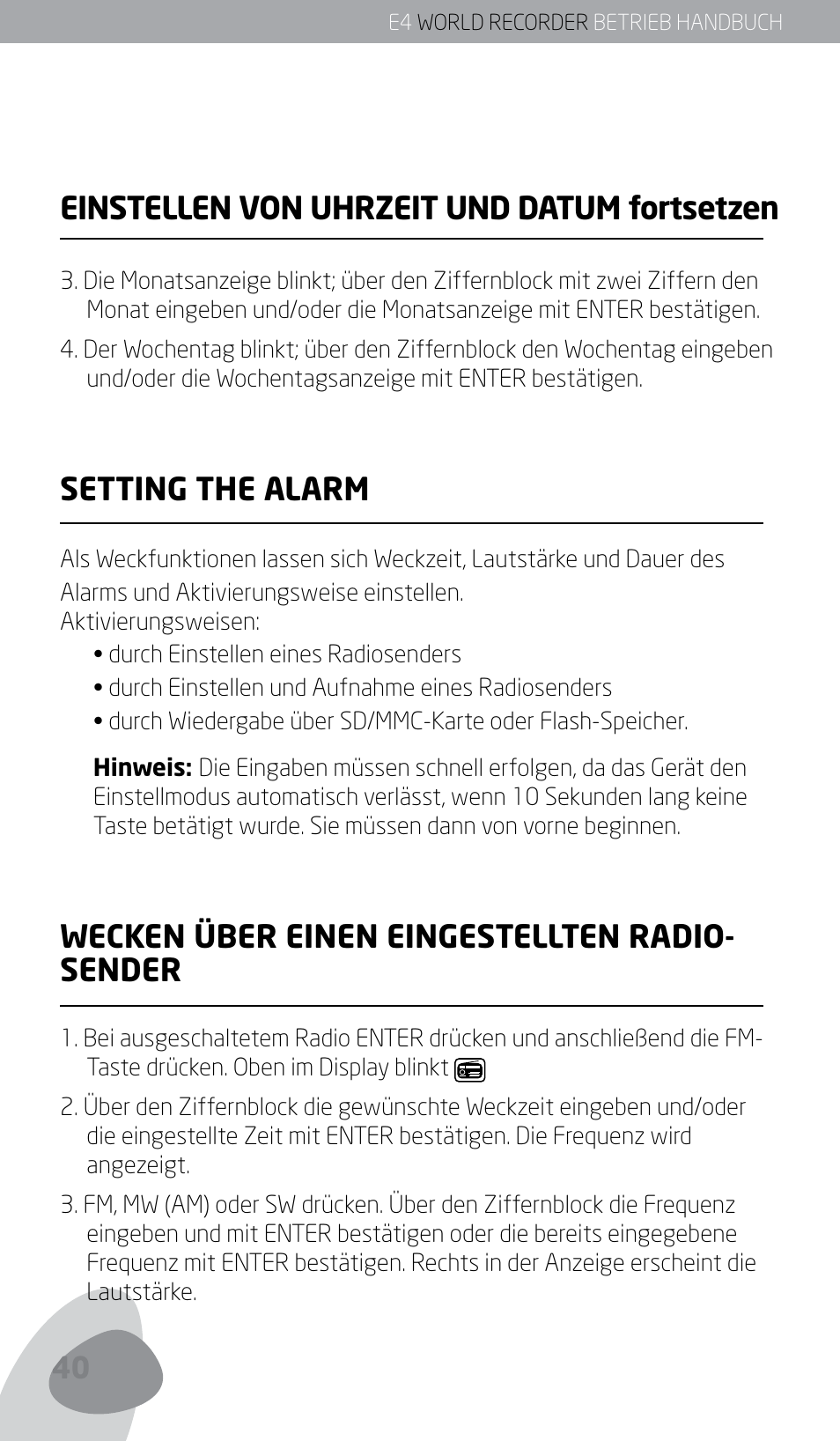 Einstellen von uhrzeit und datum fortsetzen, Setting the alarm, Wecken über einen eingestellten radio- sender | Eton E4 User Manual | Page 40 / 140