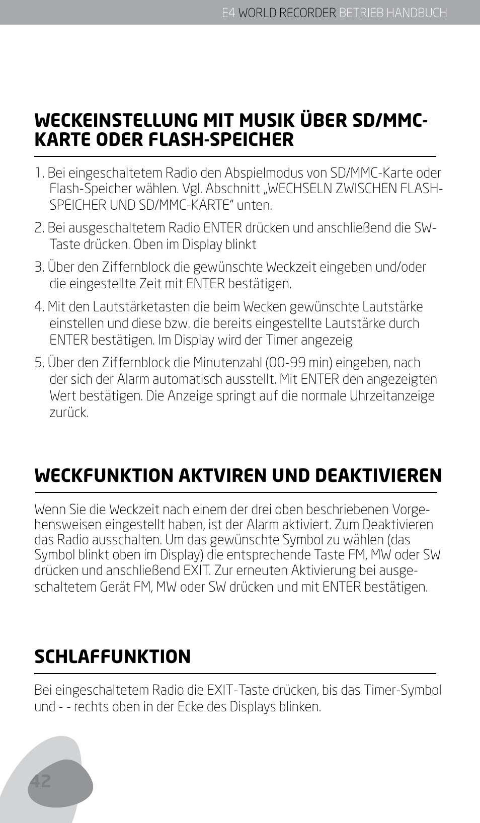 Weckfunktion aktviren und deaktivieren, Schlaffunktion | Eton E4 User Manual | Page 42 / 140