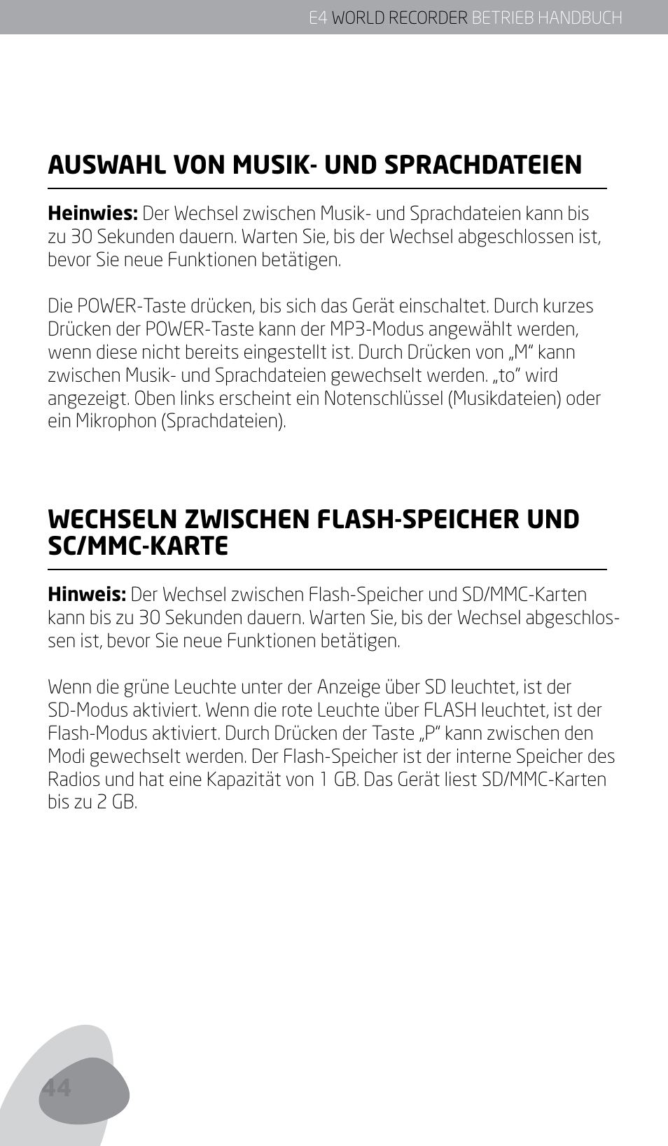 Auswahl von musik- und sprachdateien, Wechseln zwischen flash-speicher und sc/mmc-karte | Eton E4 User Manual | Page 44 / 140