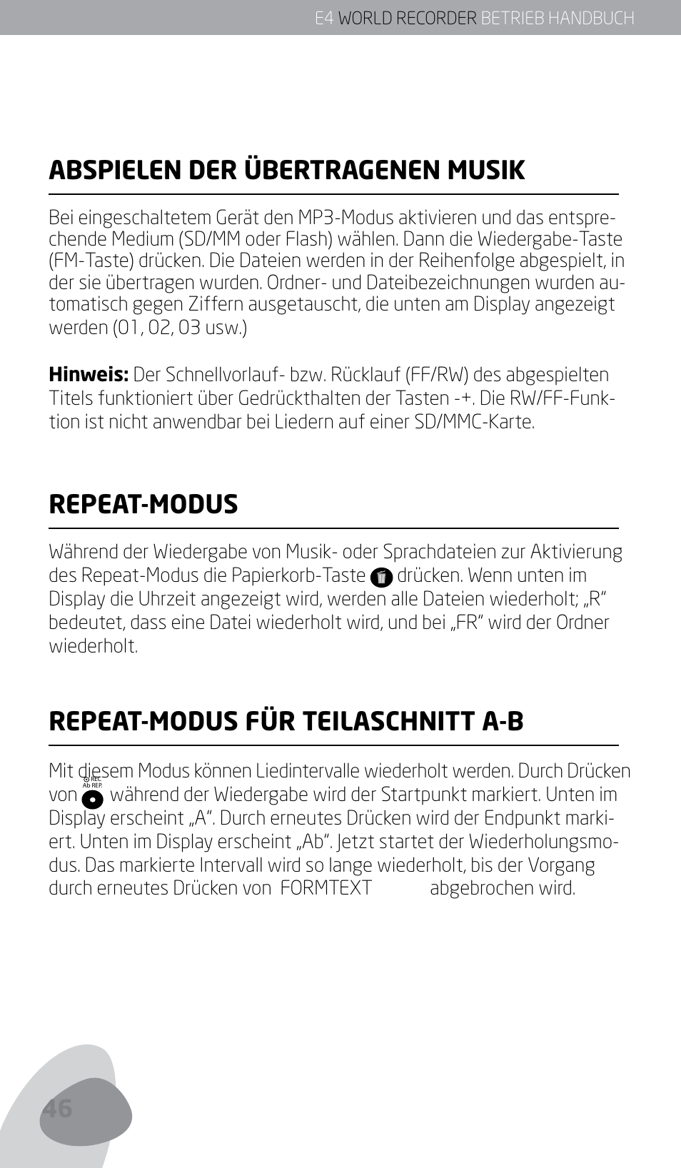 Abspielen der übertragenen musik, Repeat-modus, Repeat-modus für teilaschnitt a-b | Eton E4 User Manual | Page 46 / 140