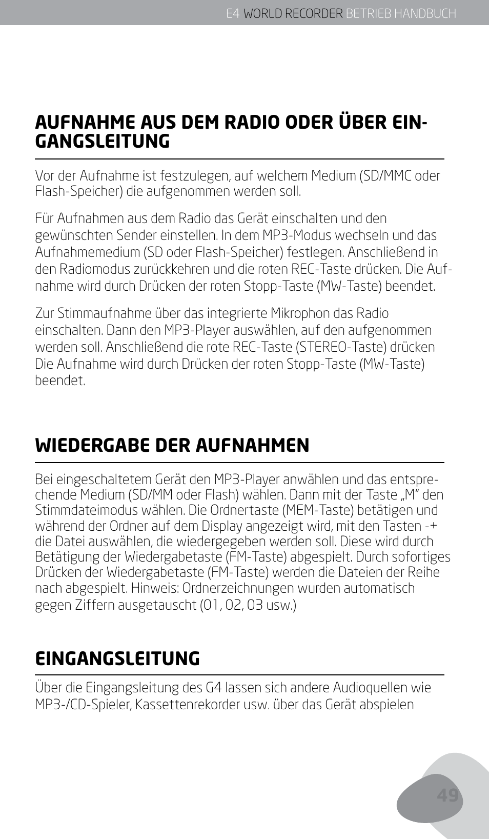 Aufnahme aus dem radio oder über ein- gangsleitung, Wiedergabe der aufnahmen, Eingangsleitung | Eton E4 User Manual | Page 49 / 140