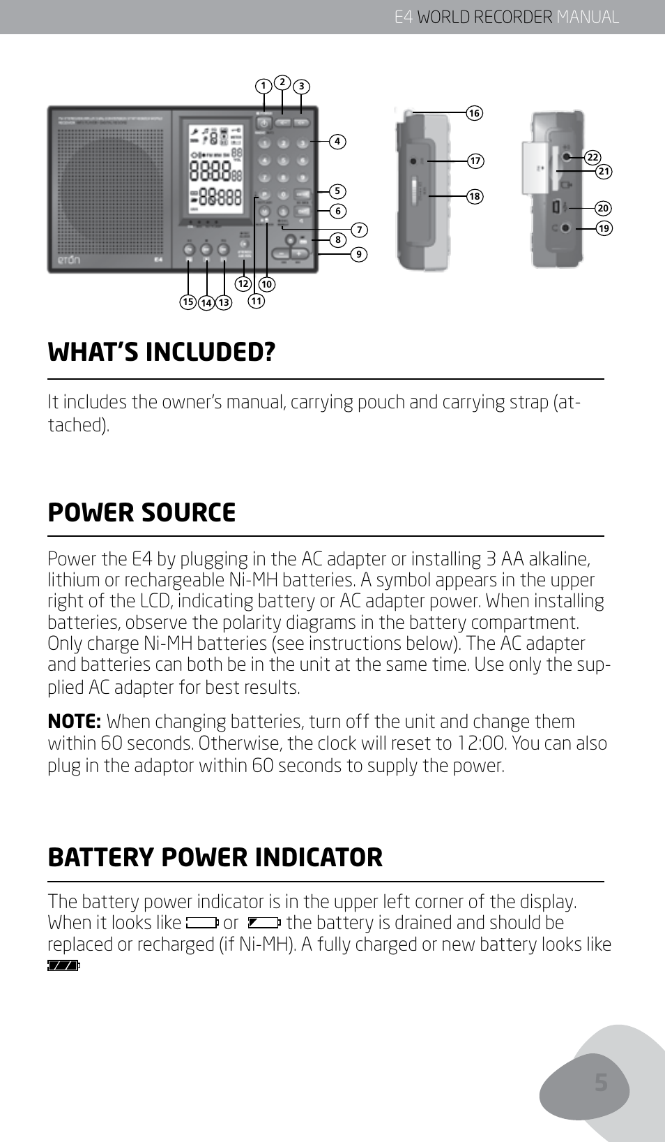 What’s included, Power source, Battery power indicator | E4 world recorder manual | Eton E4 User Manual | Page 5 / 140