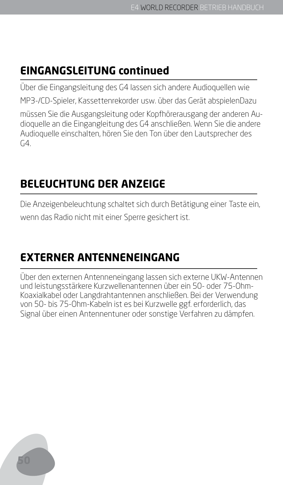 Eingangsleitung continued, Beleuchtung der anzeige, Externer antenneneingang | Eton E4 User Manual | Page 50 / 140