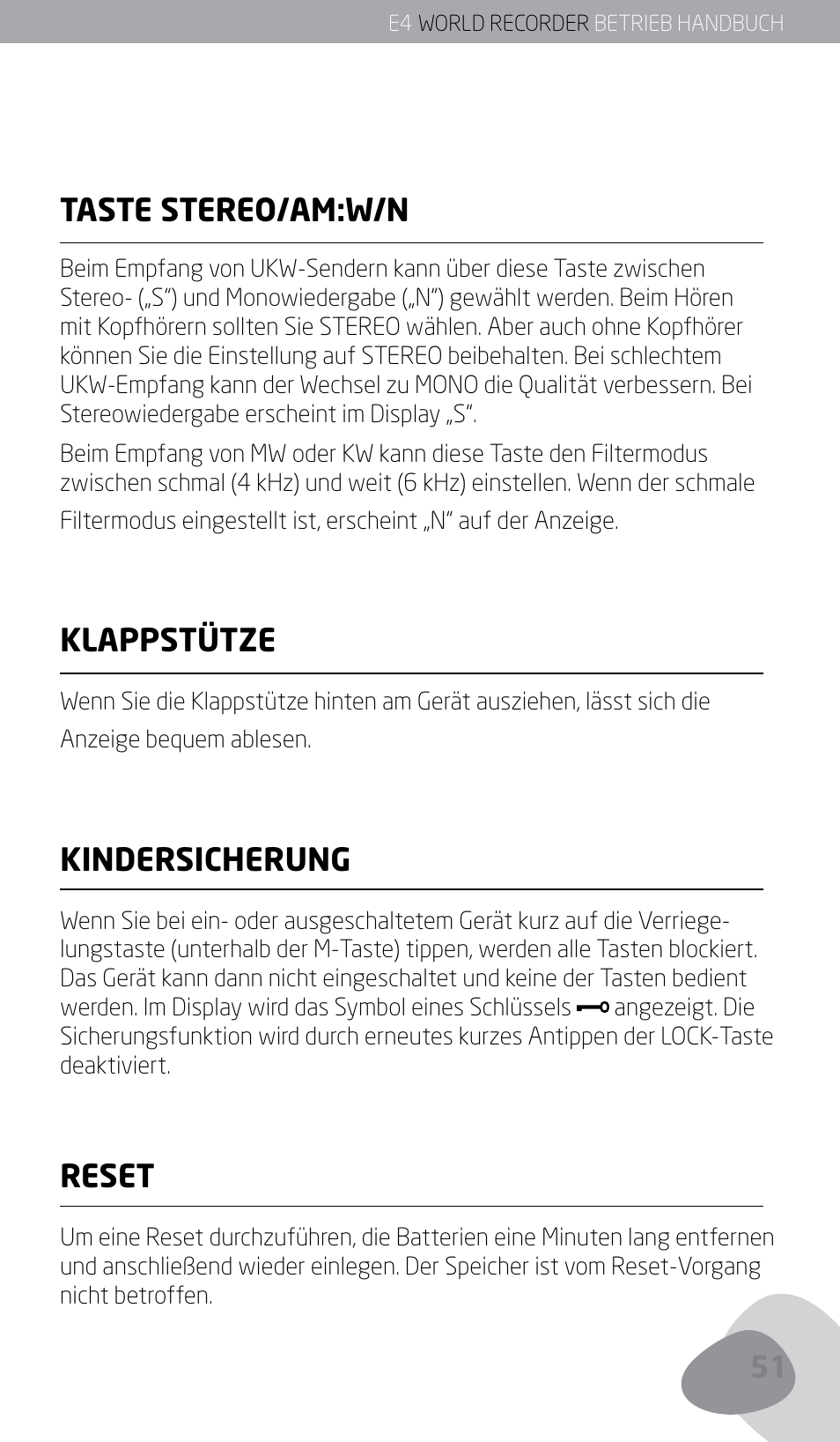 Taste stereo/am:w/n, Klappstütze, Kindersicherung | Reset | Eton E4 User Manual | Page 51 / 140