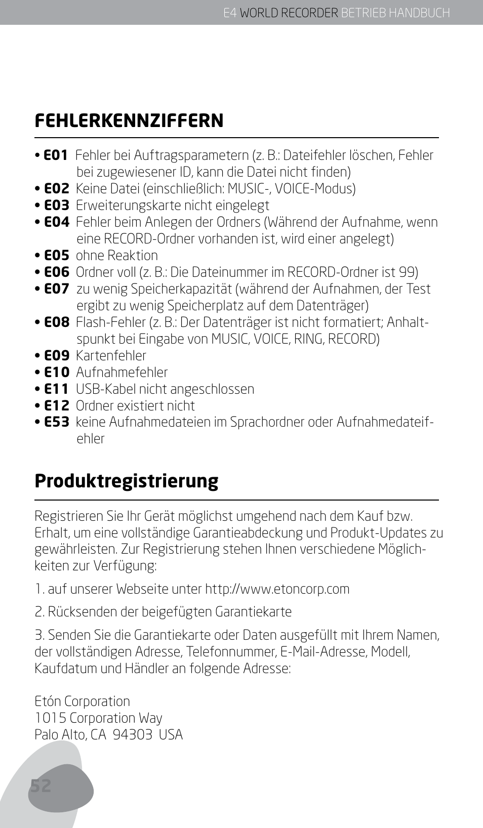 Fehlerkennziffern, Produktregistrierung | Eton E4 User Manual | Page 52 / 140