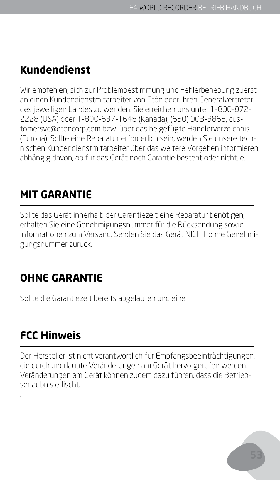 Kundendienst, Mit garantie, Ohne garantie | Fcc hinweis | Eton E4 User Manual | Page 53 / 140