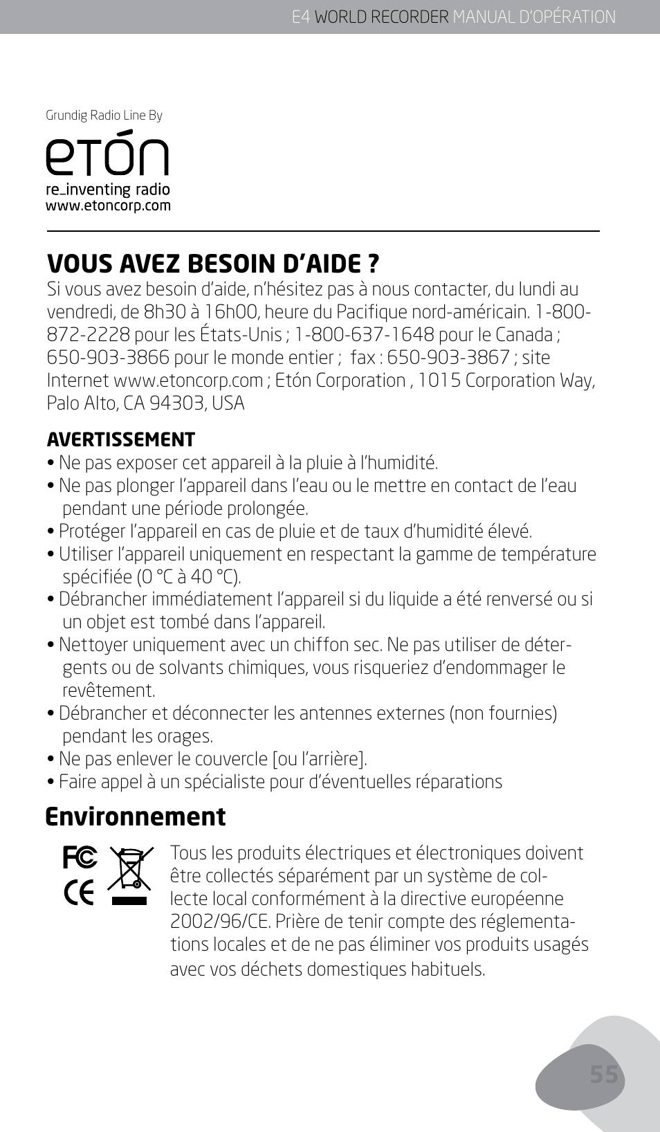 Vous avez besoin d’aide, Environnement | Eton E4 User Manual | Page 55 / 140