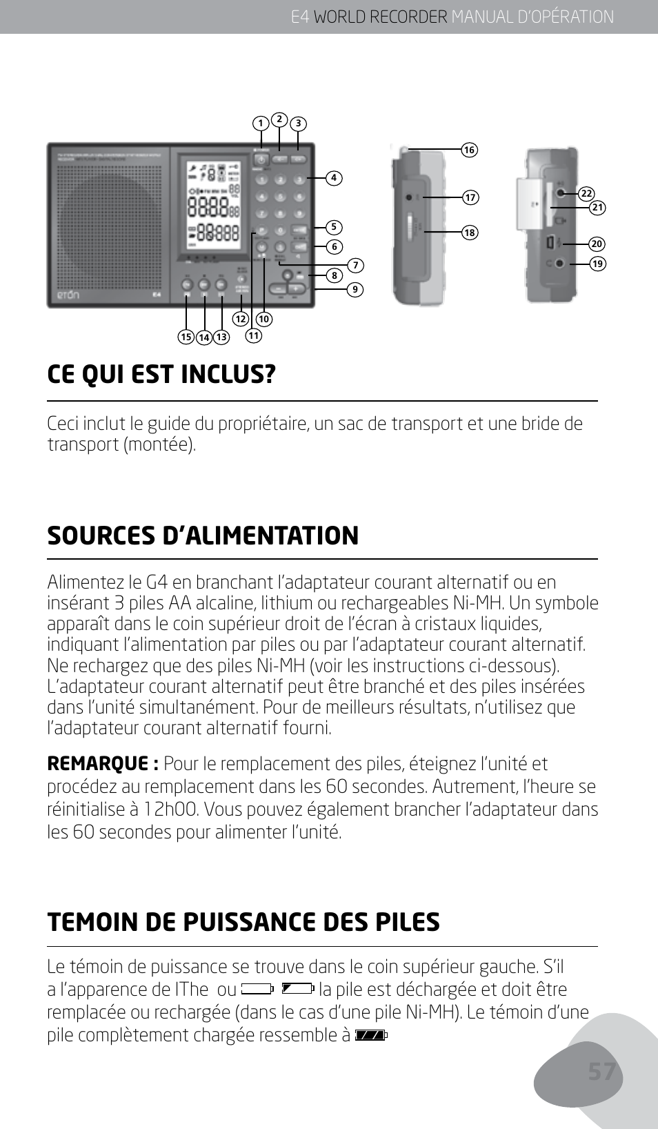 Ce qui est inclus, Sources d’alimentation, Temoin de puissance des piles | Eton E4 User Manual | Page 57 / 140