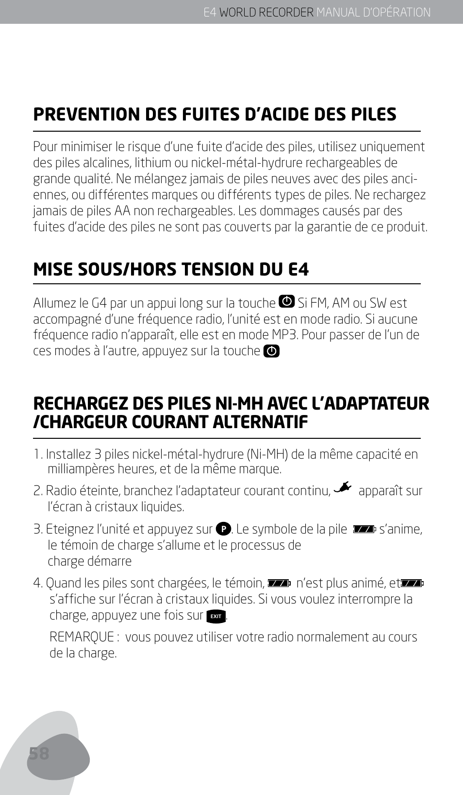 Prevention des fuites d’acide des piles, Mise sous/hors tension du e4 | Eton E4 User Manual | Page 58 / 140