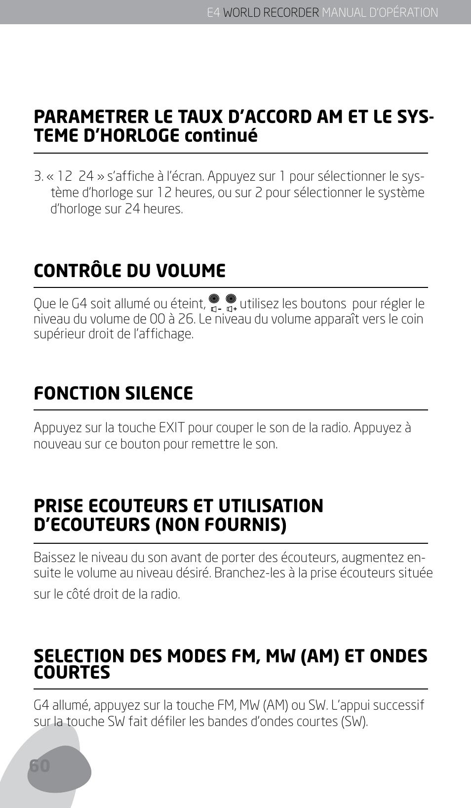 Contrôle du volume, Fonction silence, Selection des modes fm, mw (am) et ondes courtes | Eton E4 User Manual | Page 60 / 140